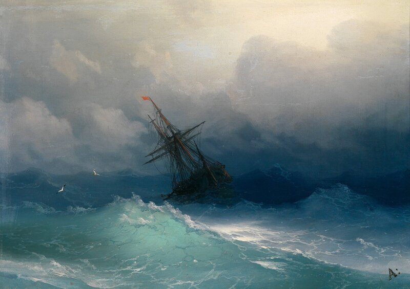 Sinking Ship in Storm — Blue, Dramatic, Painting