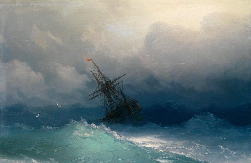 Sinking Ship in Storm — Blue, Dramatic, Painting, Waves