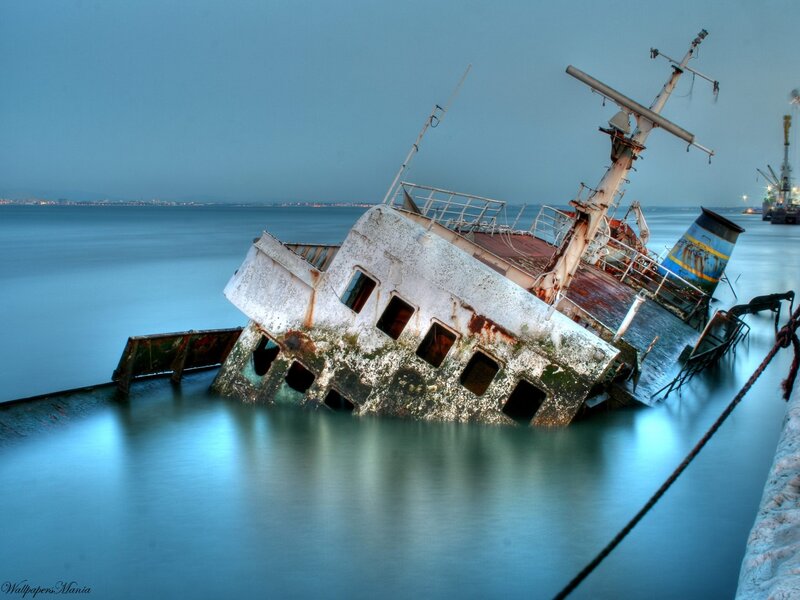 Sinking Ship Wreck — Blue, Dramatic, Night, Photograph, Sea