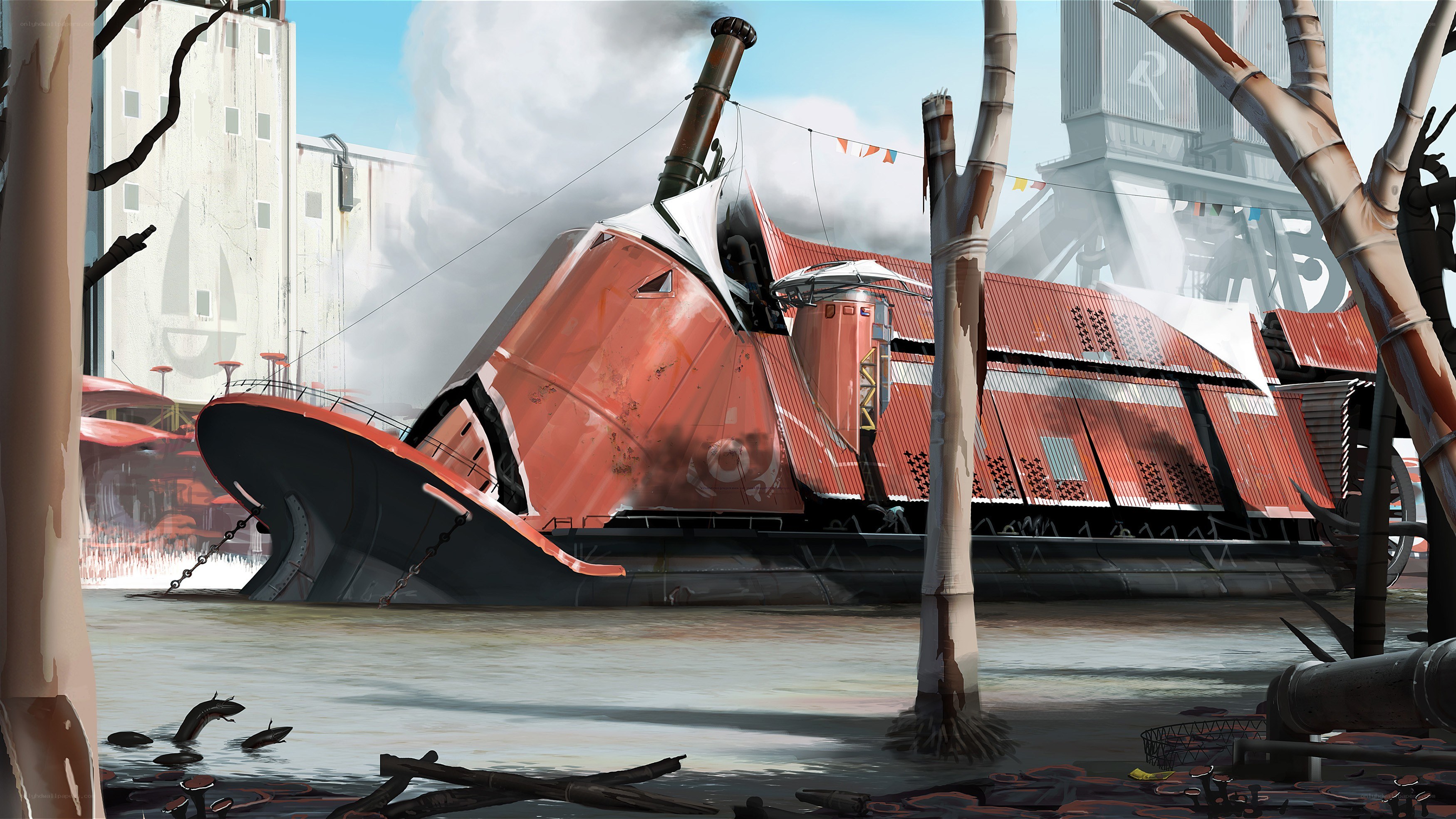 Sinking steamship in industrial port