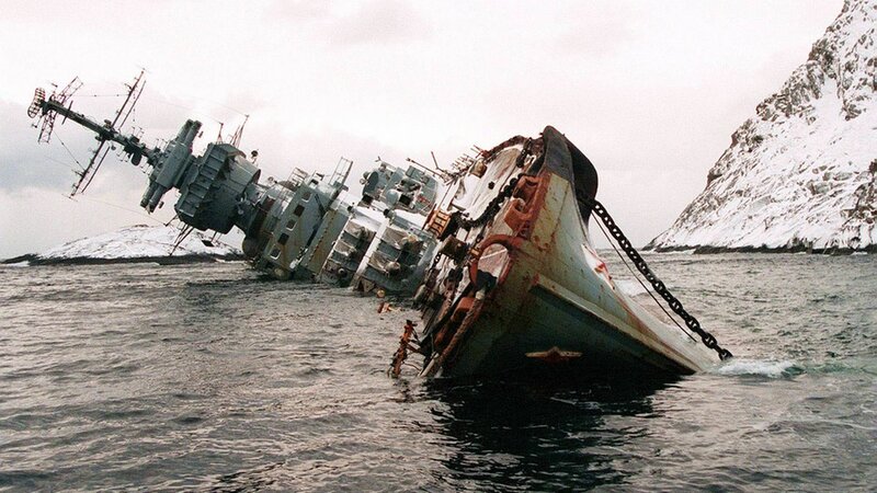 Sinking warship in icy waters