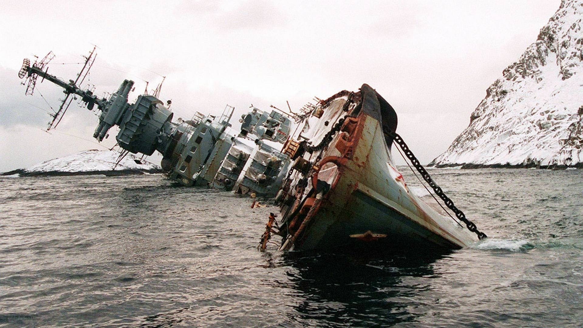Sinking warship in icy waters