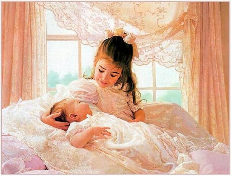 Sister with baby in lace dress