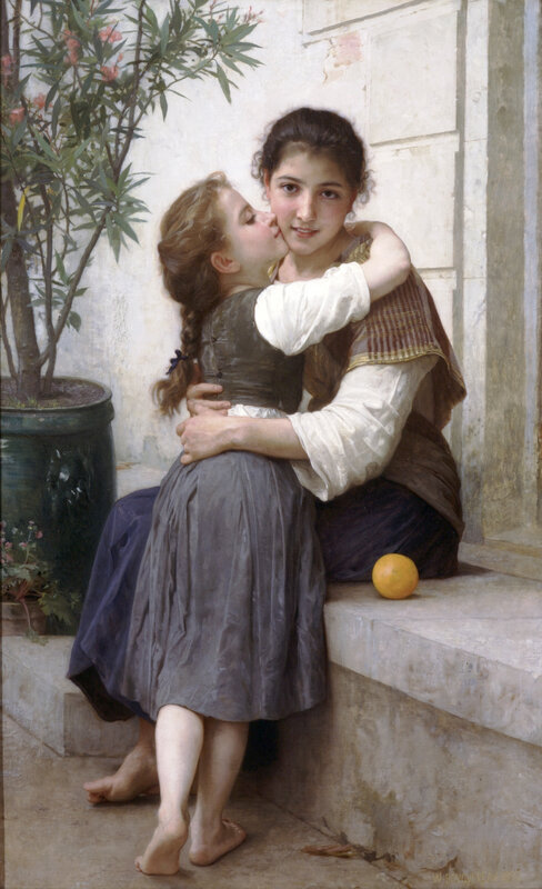Sisterly affection in a courtyard