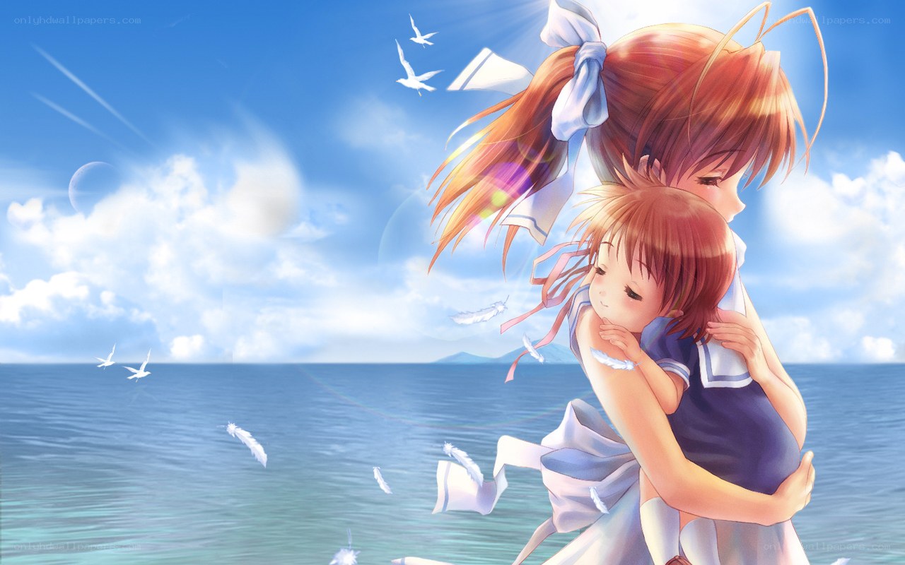 Sisters hugging by the sea