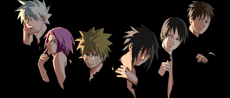 Six Anime Characters — Black, Dramatic, Black Background