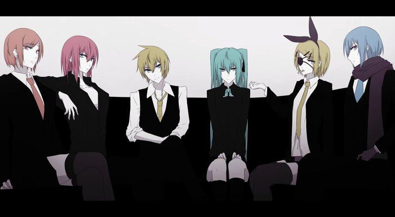 Six Anime Characters Sitting — Black, Neutral