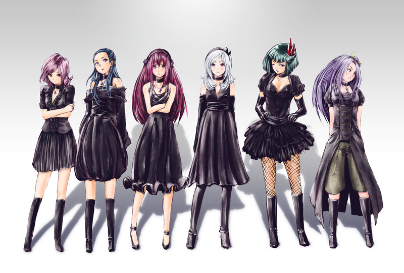 Six Anime Girls in Black Dresses