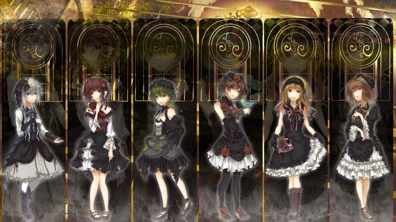 six anime girls in gothic dresses
