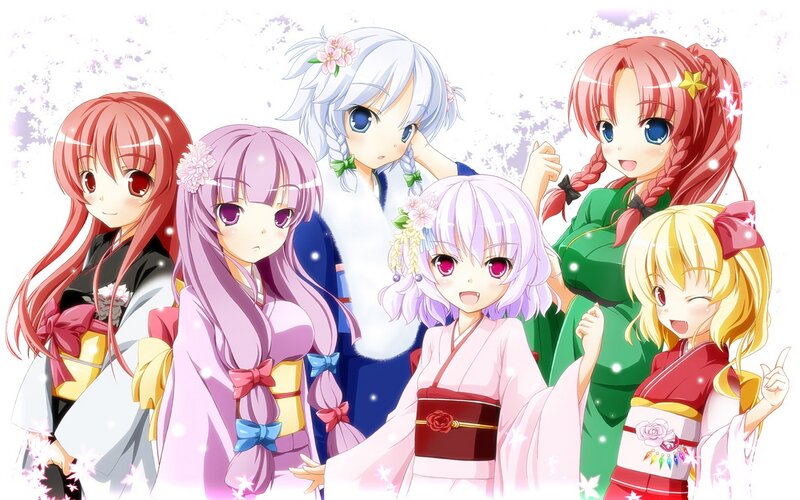 Six Anime Girls in Kimonos