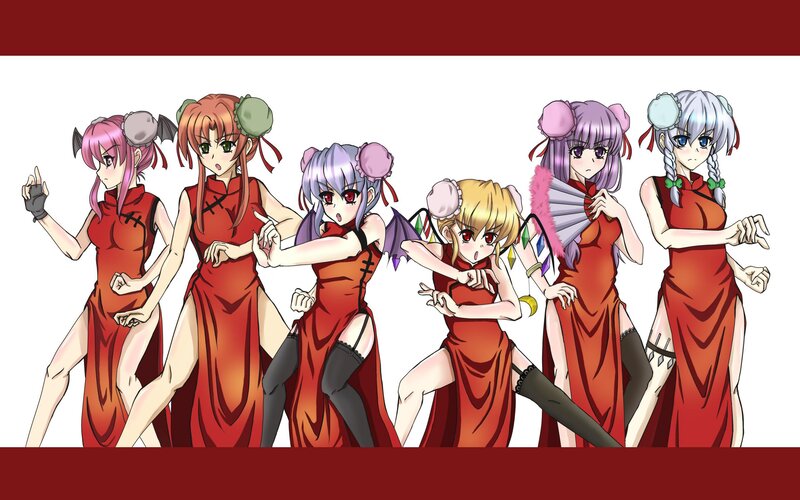 Six Anime Girls in Red Dresses
