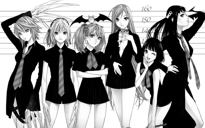 Six Anime Girls in School Uniforms — Black, Dramatic