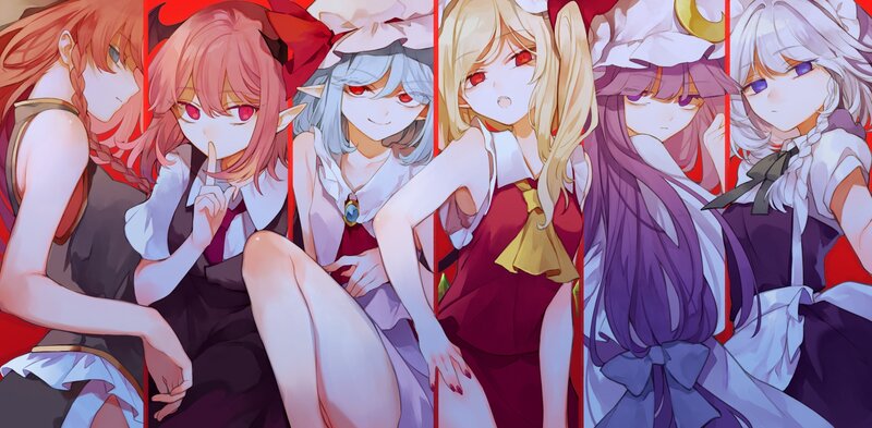 Six Anime Girls Sitting — Red