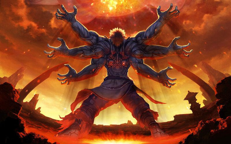 Six-armed Warrior — Orange, Dramatic, Sunset, Digital Art, Flames