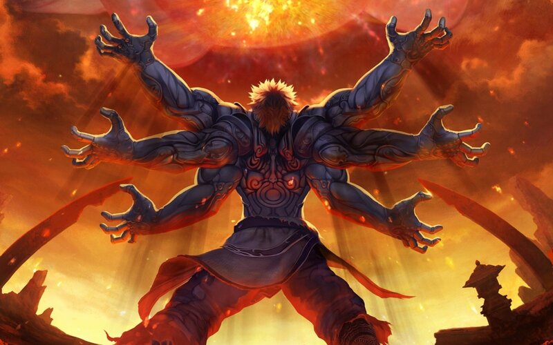 Six-armed Warrior — Orange, Dramatic, Sunset, Digital Art, Solar Flare