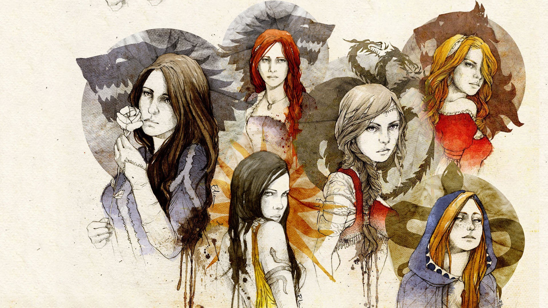 Six female characters with mythical creatures