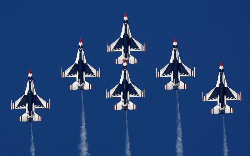 Six Fighter Jets in Formation — Blue, Dramatic, Afternoon, Photograph