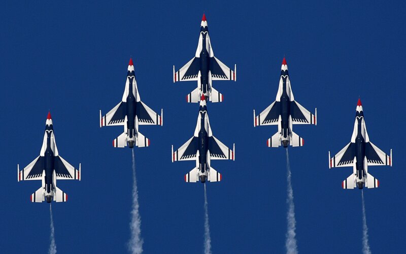 Six Fighter Jets in Formation — Blue, Dramatic