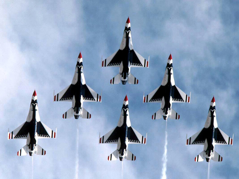 Six Fighter Jets in Formation — Blue, Dynamic, Photograph