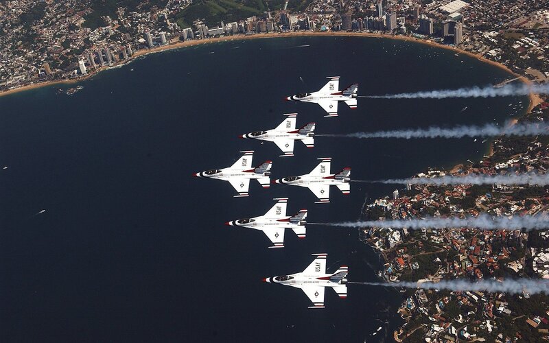 Six Fighter Jets in Formation — White
