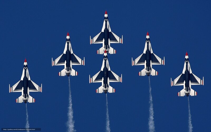 Six Jet Fighters in Formation — Blue, Dramatic