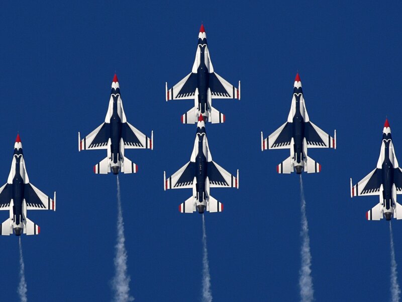 Six Jet Fighters in Formation — Blue