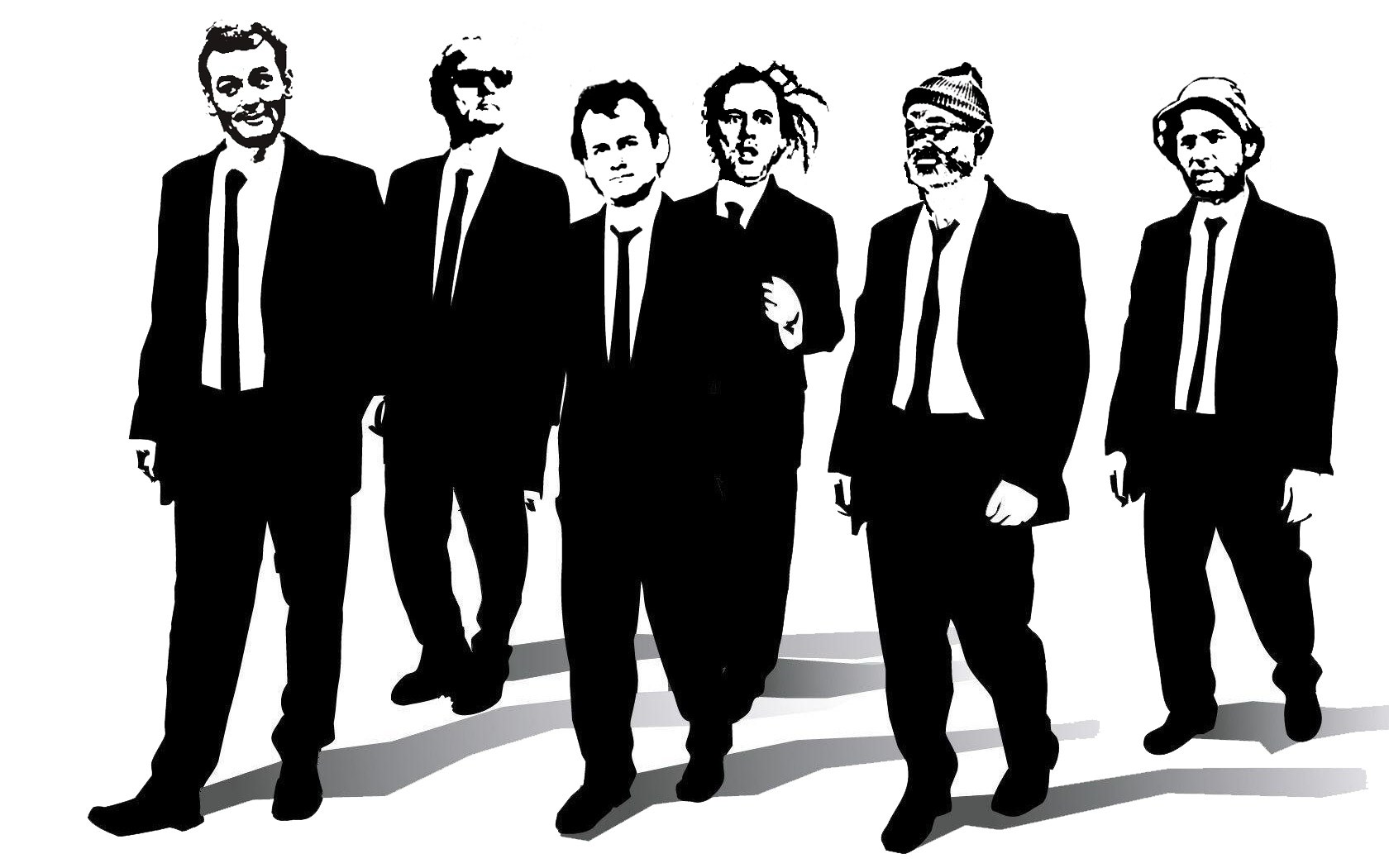 six men in suits walking