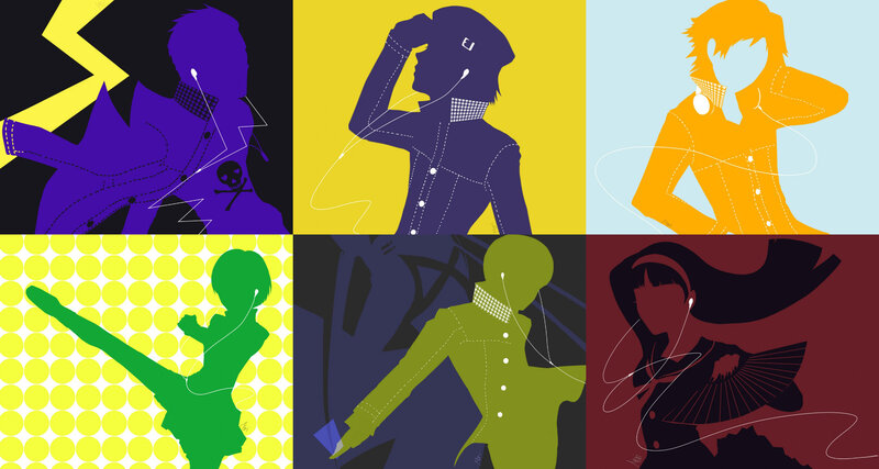 Six silhouetted characters in vibrant colors
