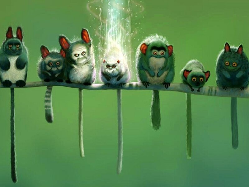 Six Small Creatures on a Branch