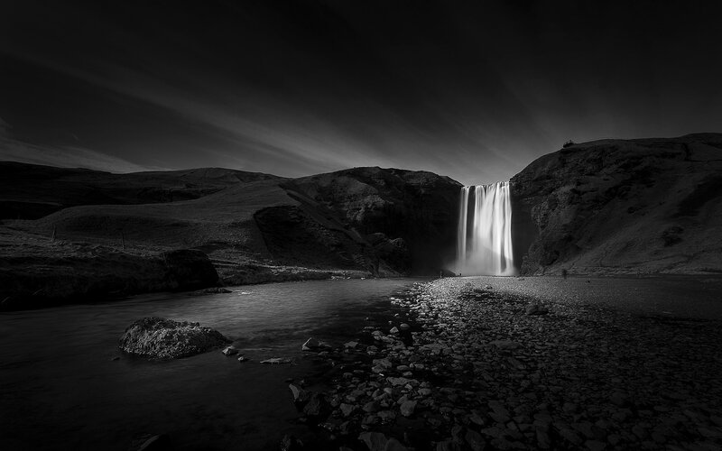 Skógafoss Waterfall — Black, Dramatic