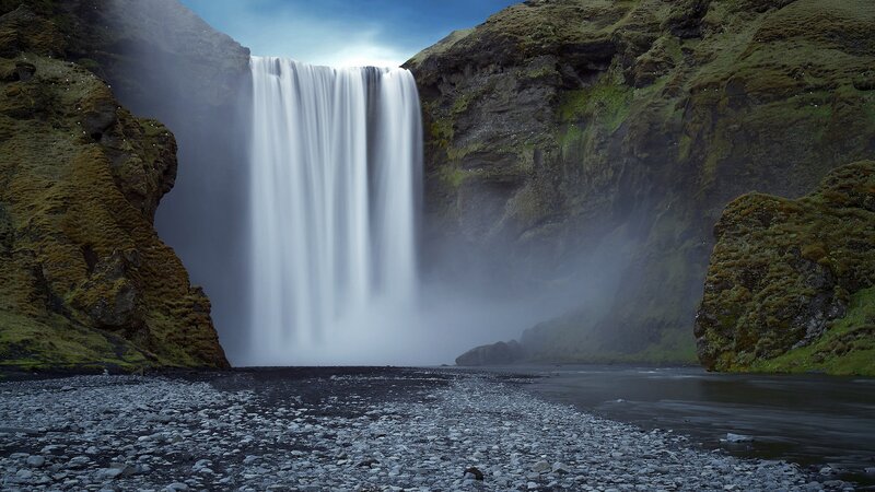 Skógafoss Waterfall — Green, Dramatic, Afternoon