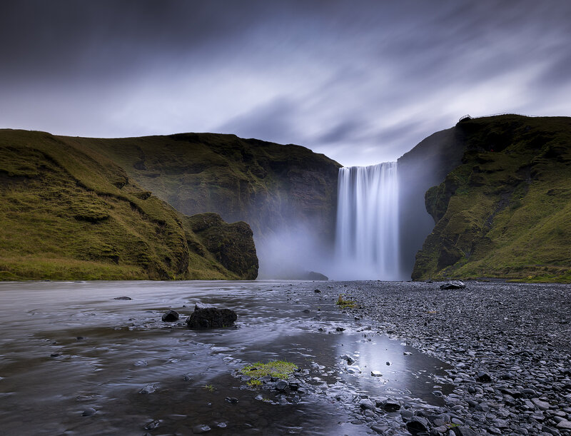 Skógafoss Waterfall — Green, Dramatic, Photograph, River