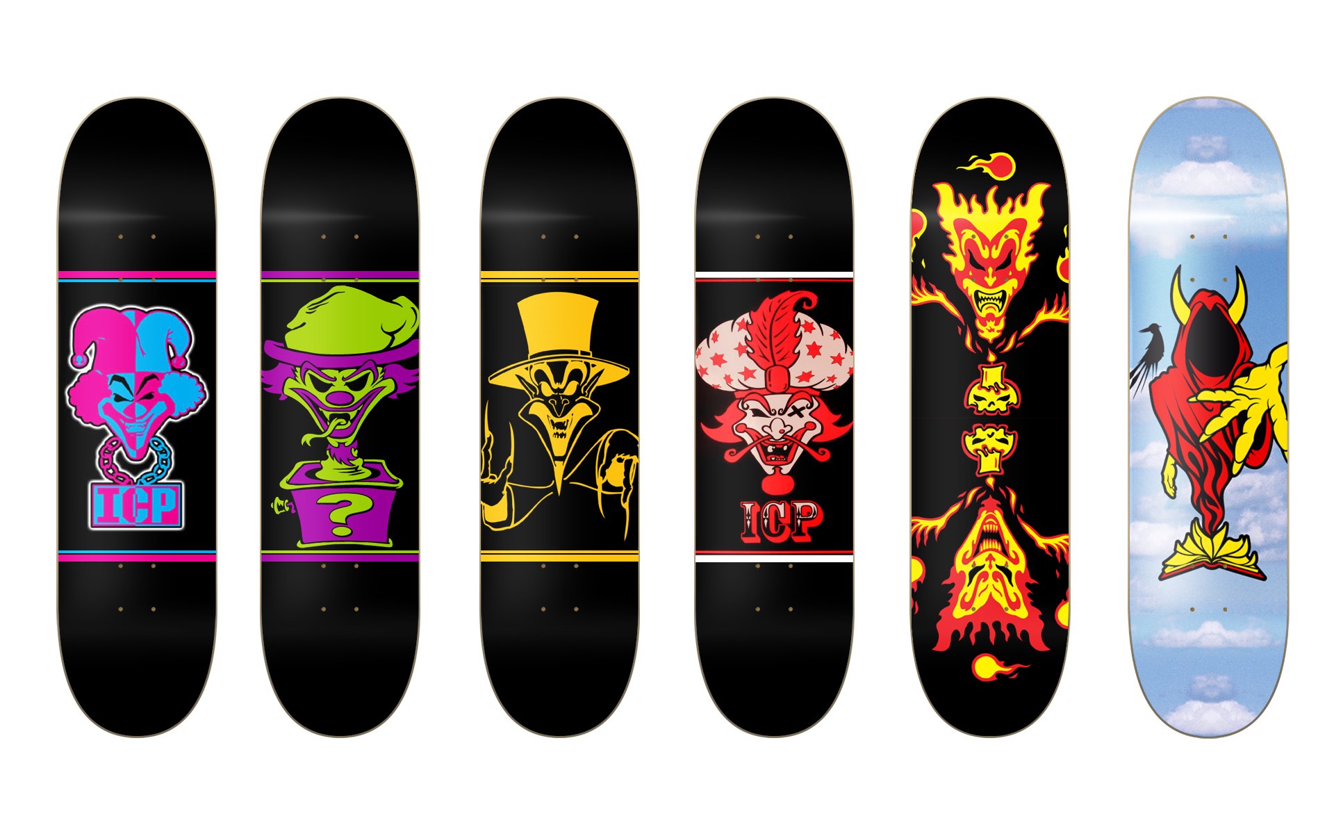 Skateboard decks with clown designs