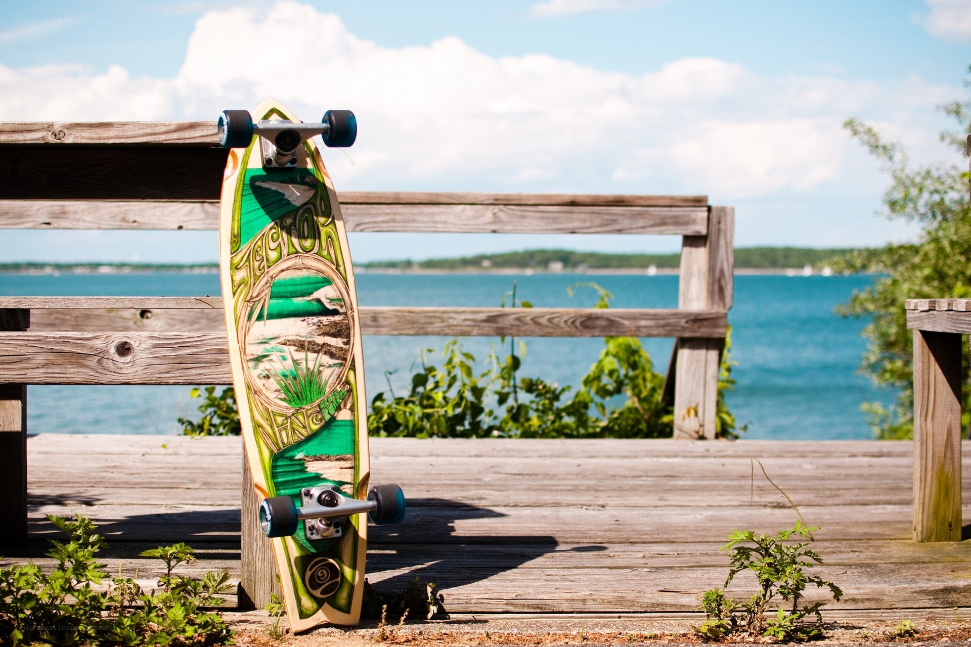 Skateboard on a wooden deck