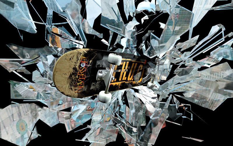 Skateboard shattering glass