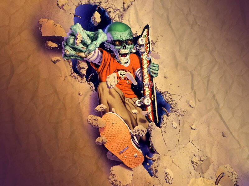 skateboarder zombie breaking through wall