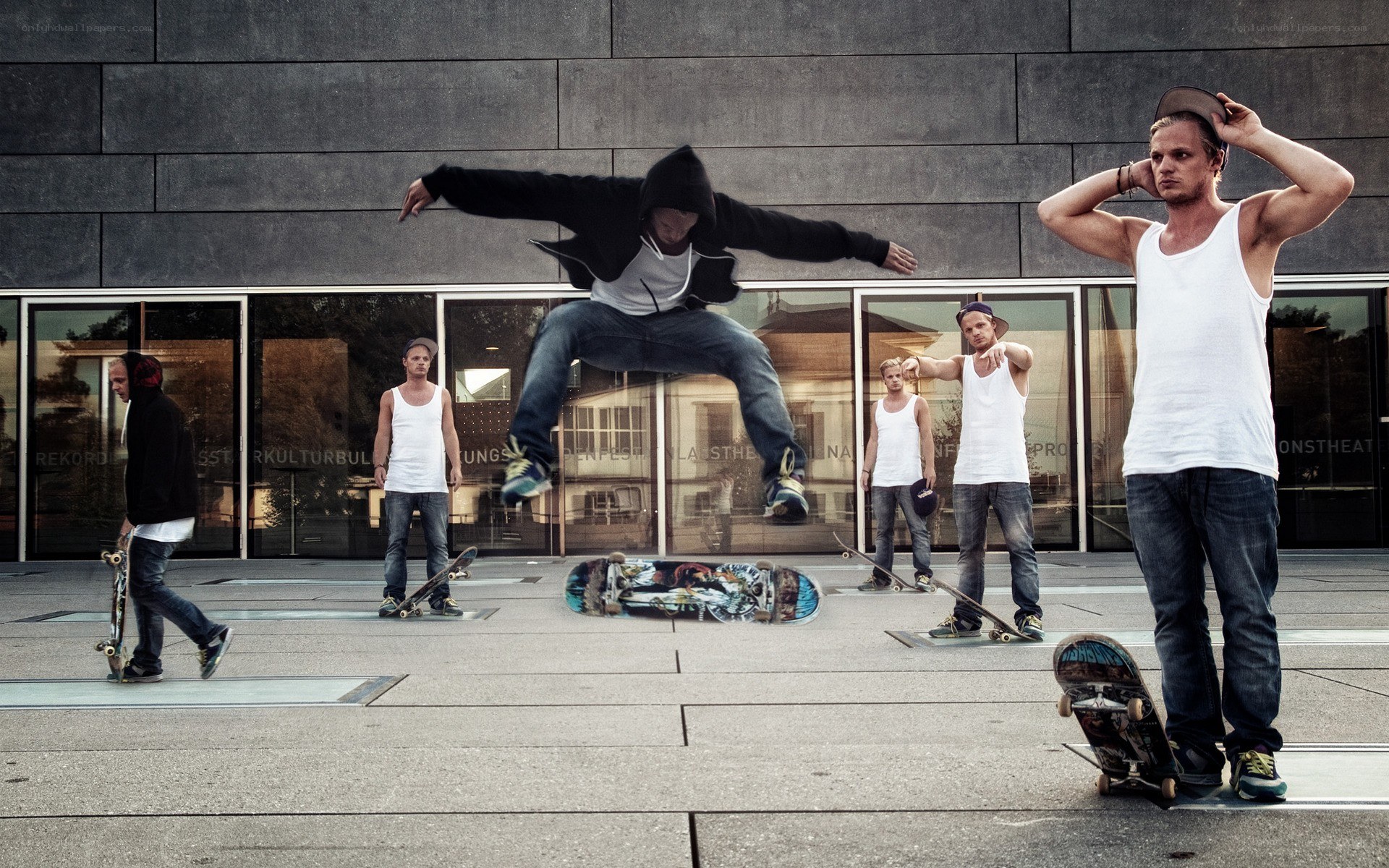 Skateboarders in urban setting