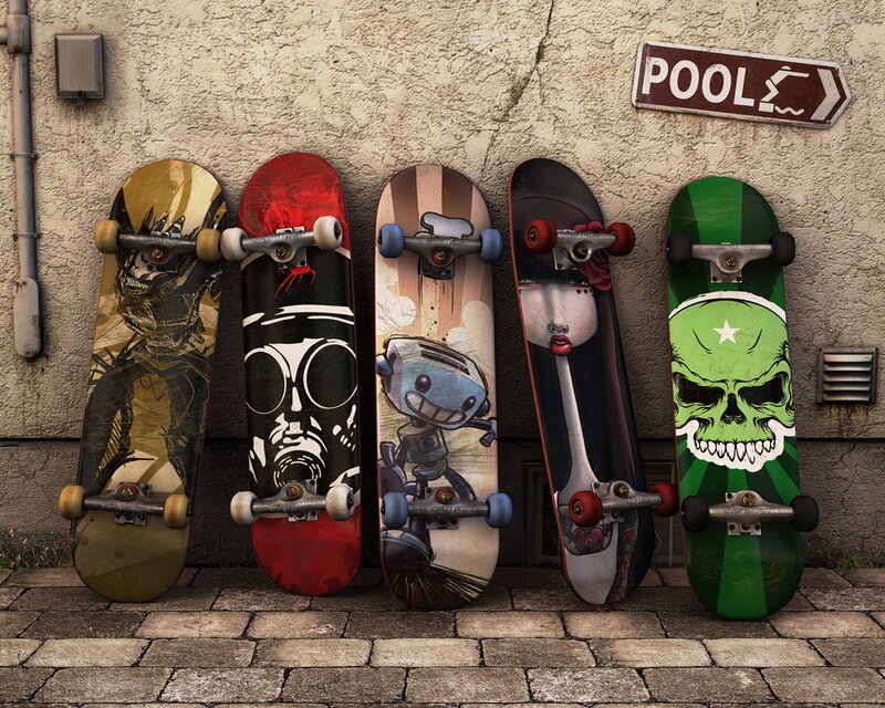 Skateboards leaning against a wall
