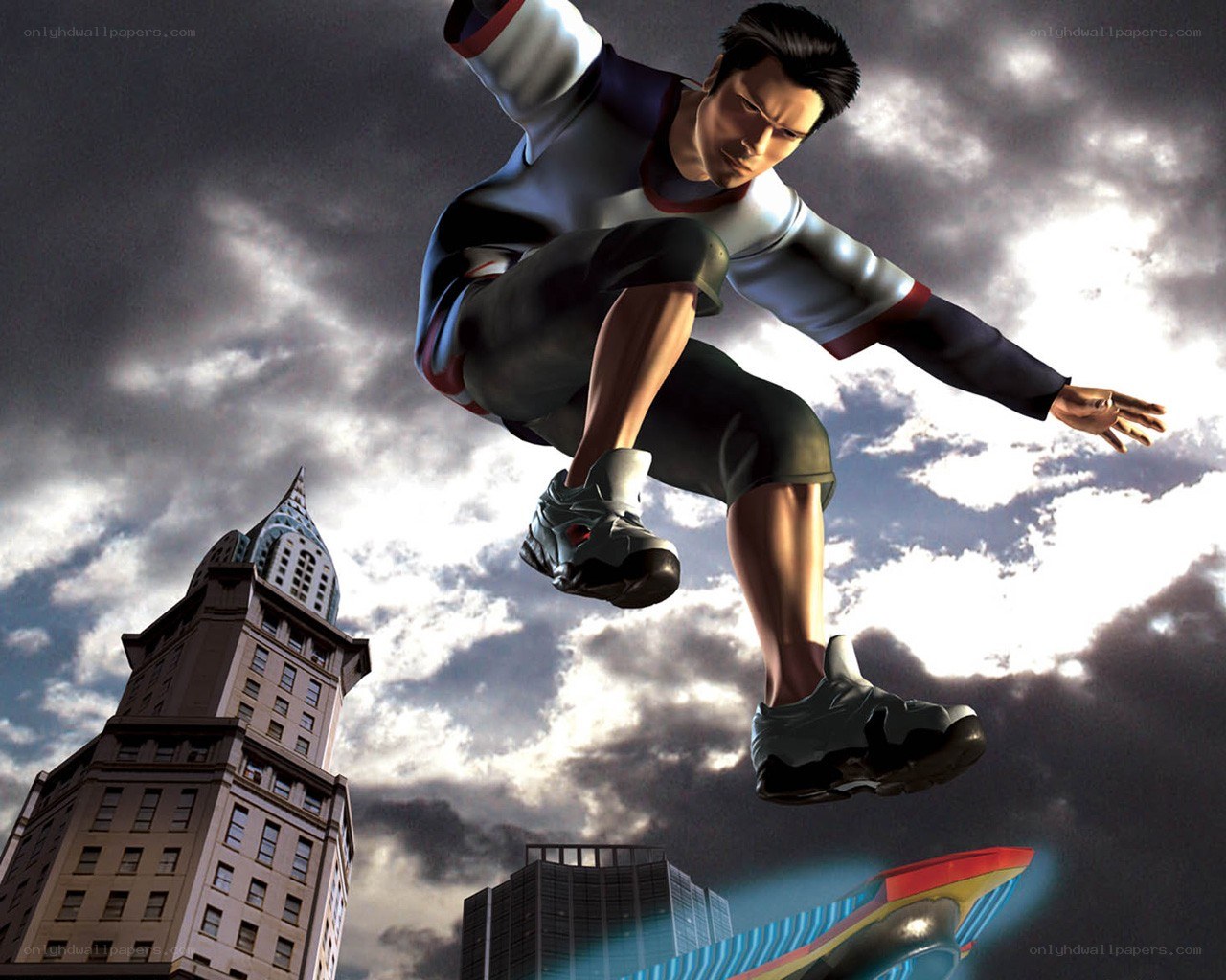 skater in mid-air over city