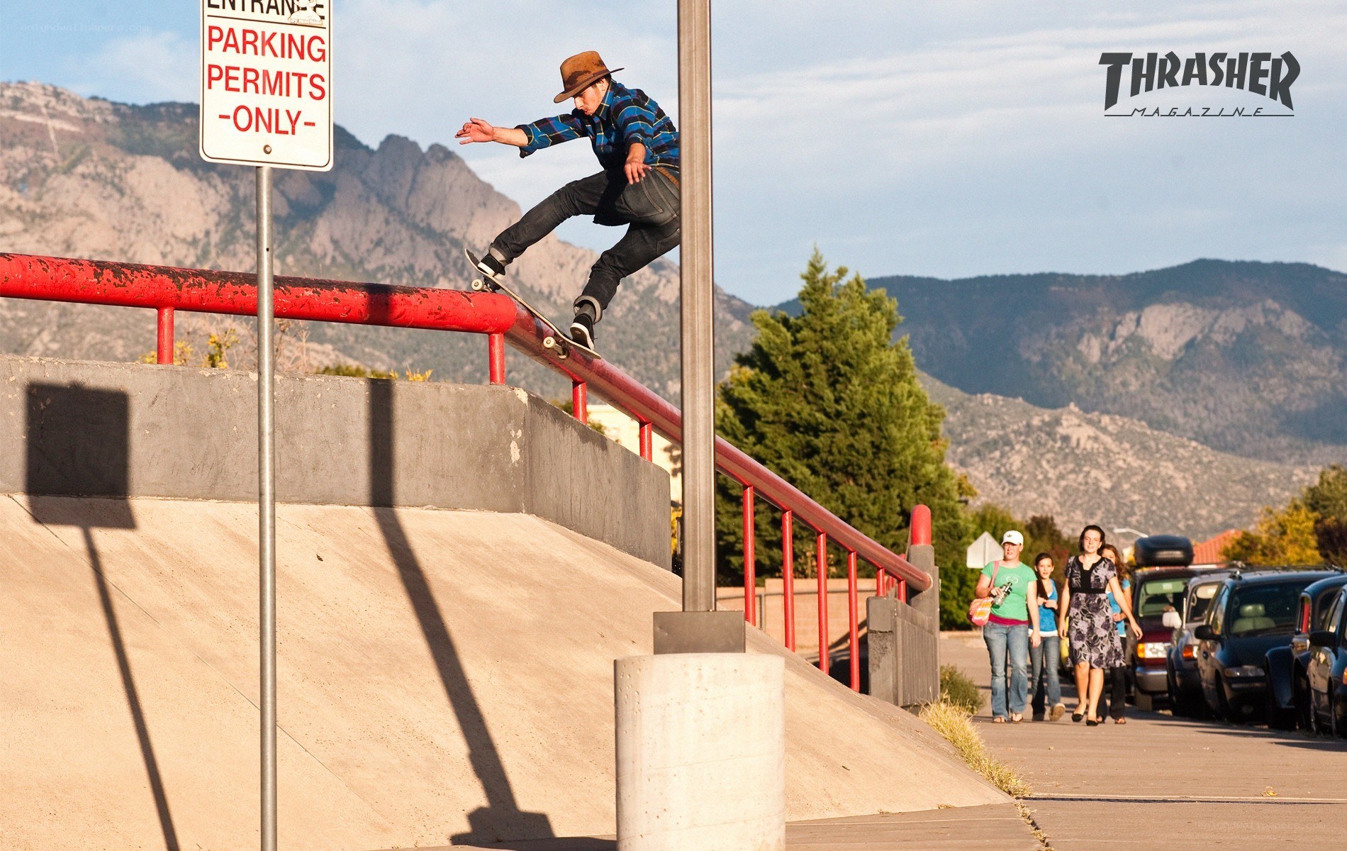 Skater on a rail with mountains