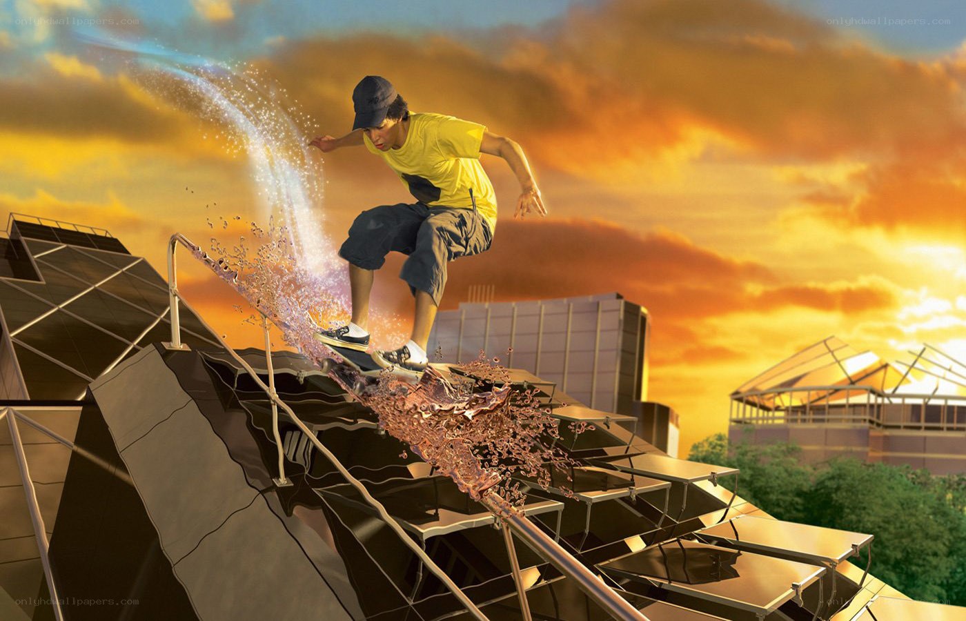 Skater on a rooftop at sunset
