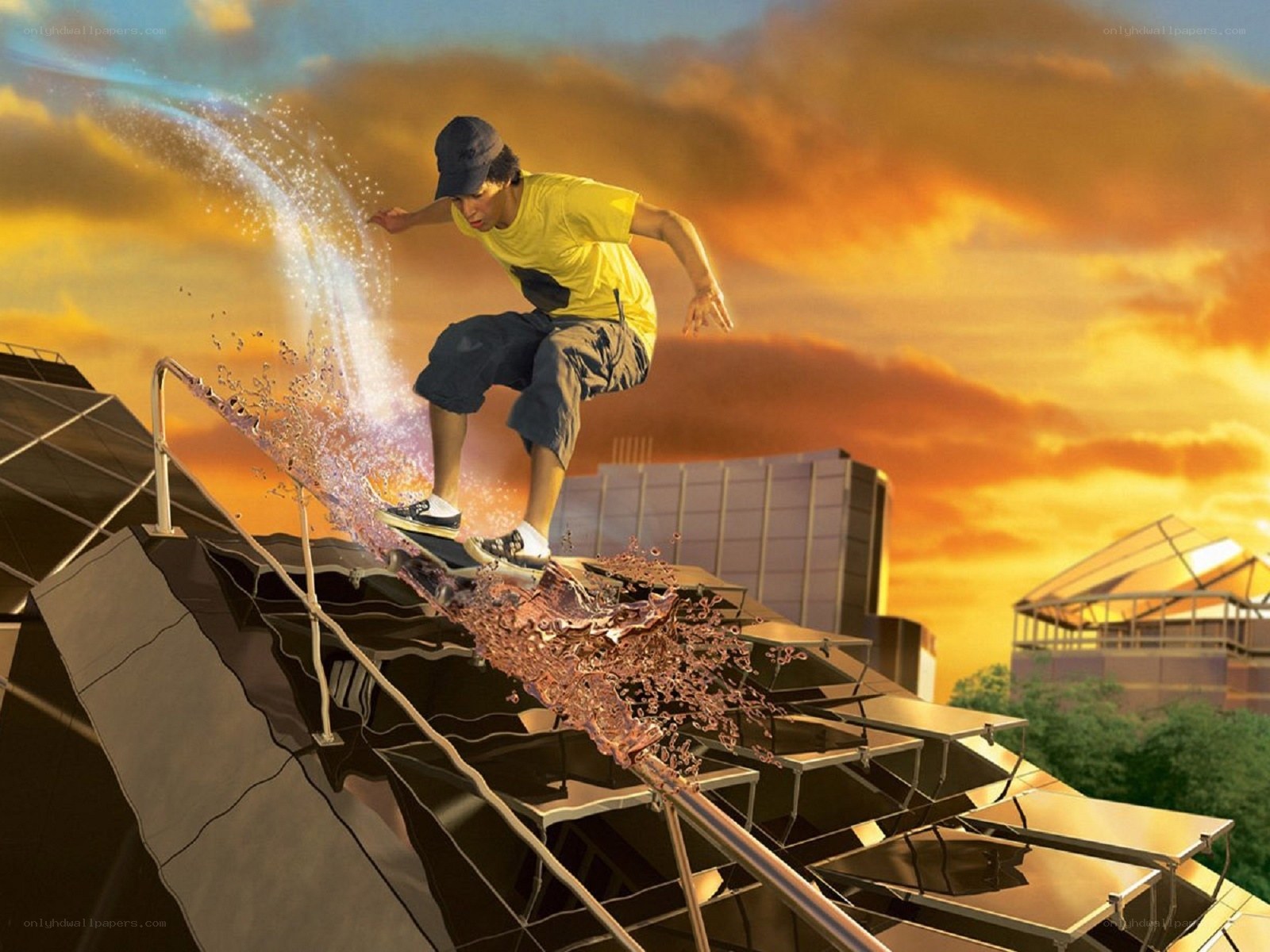 Skater on a rooftop at sunset
