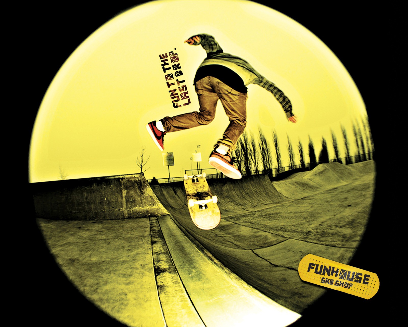 skater performing trick at funhouse