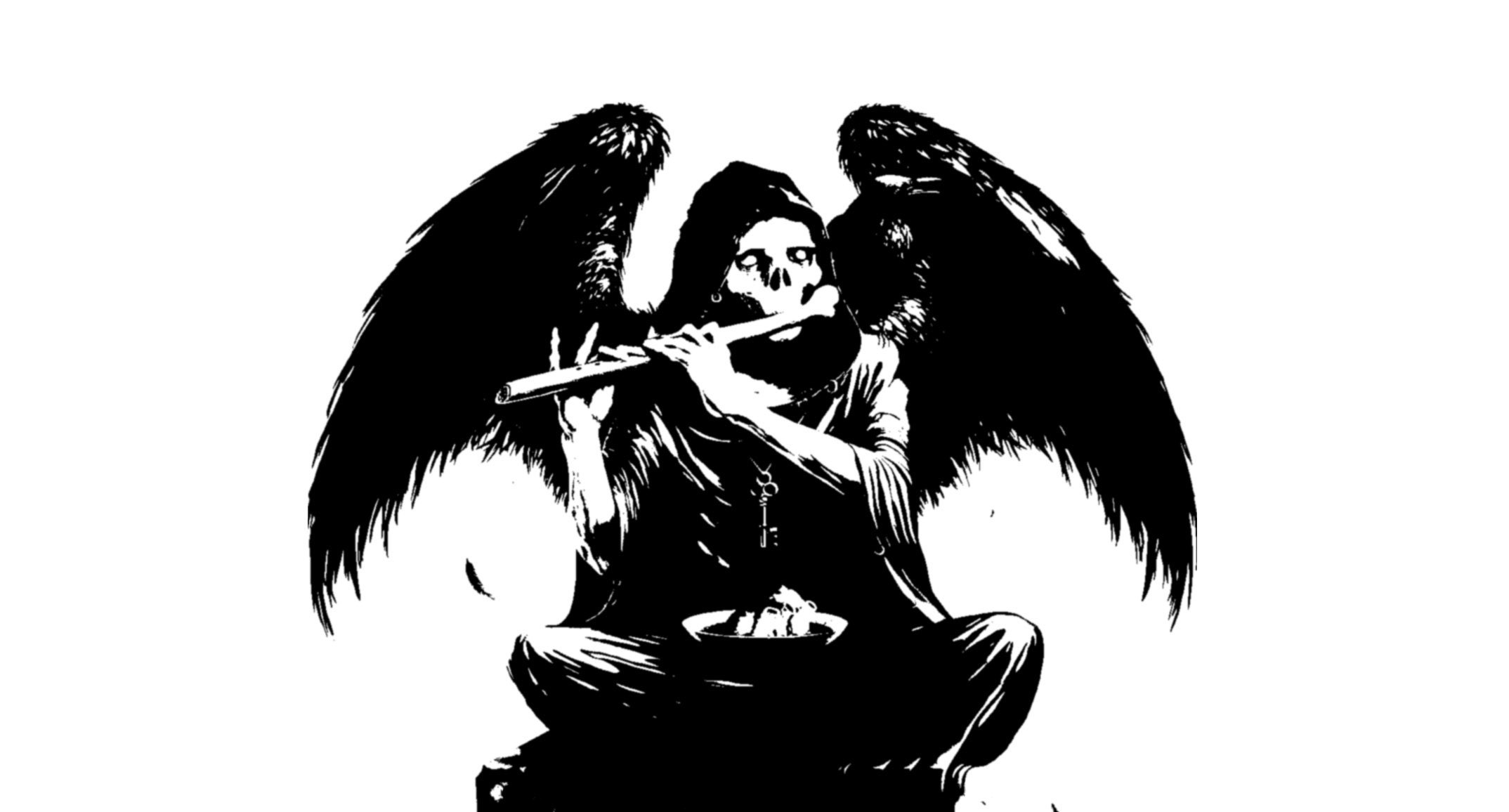 skeletal angel playing flute