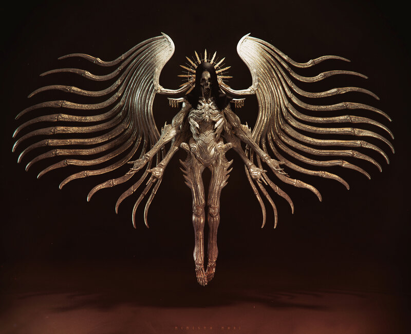 Skeletal Angel with Wings — Black, Dramatic