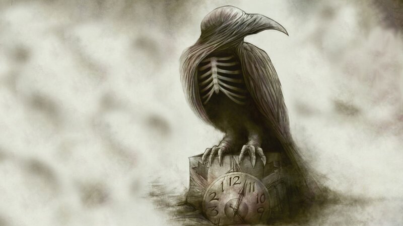 Skeletal Bird on Clock — Gray, Dark, Digital Art, Skull, Feathers