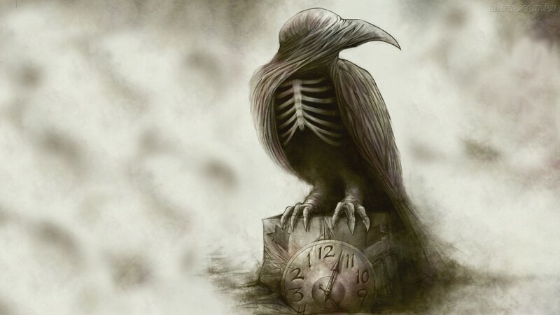 Skeletal Bird on Clock — Gray, Dark, Digital Art, Skull