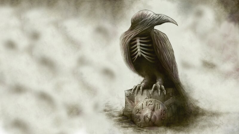 Skeletal Bird on Clock — Gray