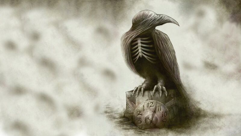 Skeletal Bird on Clock