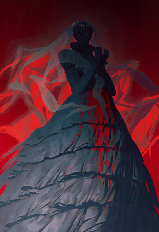 Skeletal Bride Figure — Red, Dramatic